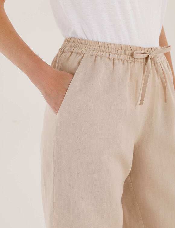 Pantalon coupe mom en coton/lin, taille &eacute;lastiqu&eacute;e (beige)
