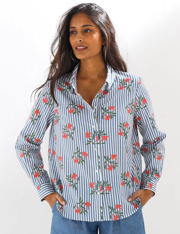 Chemise imprim&eacute; ray&eacute; et oiseaux  (&eacute;cru / bleu)