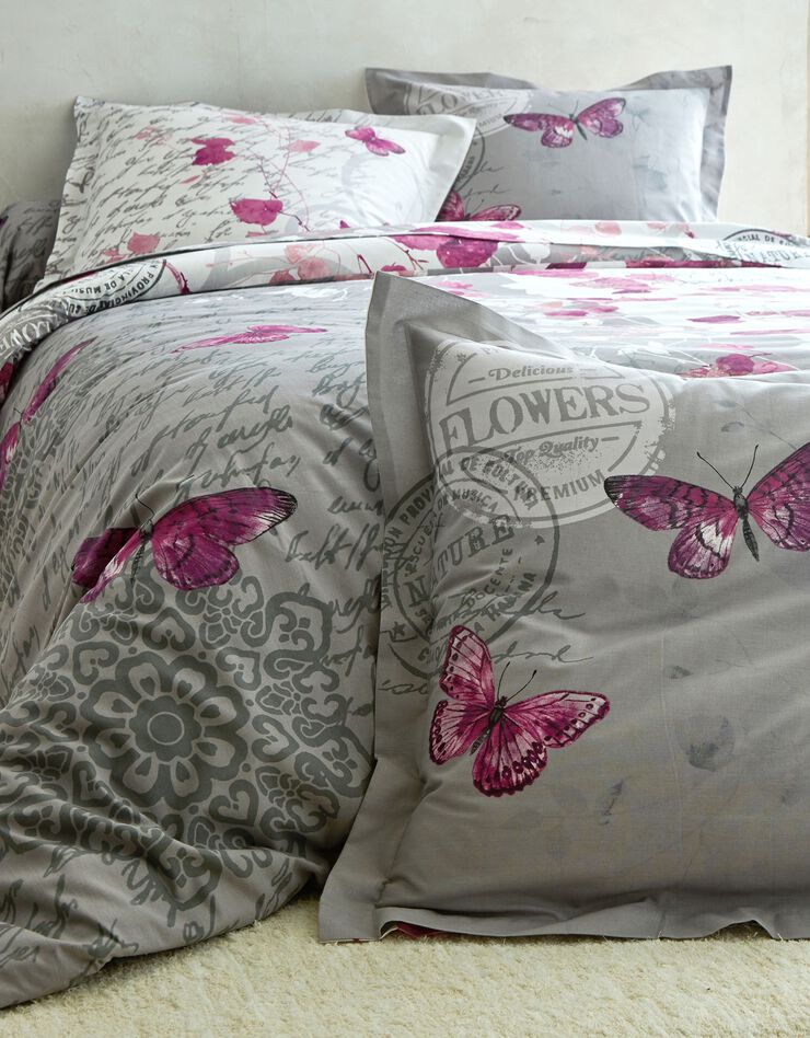 Linge de lit Célestine en coton imprimé fleurs et papillons (gris / parme)