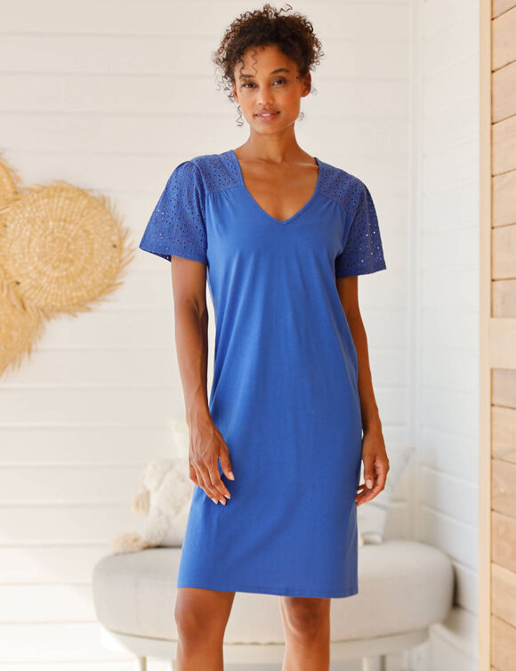 Kort nachthemd in molton met lange mouwen (blauw)