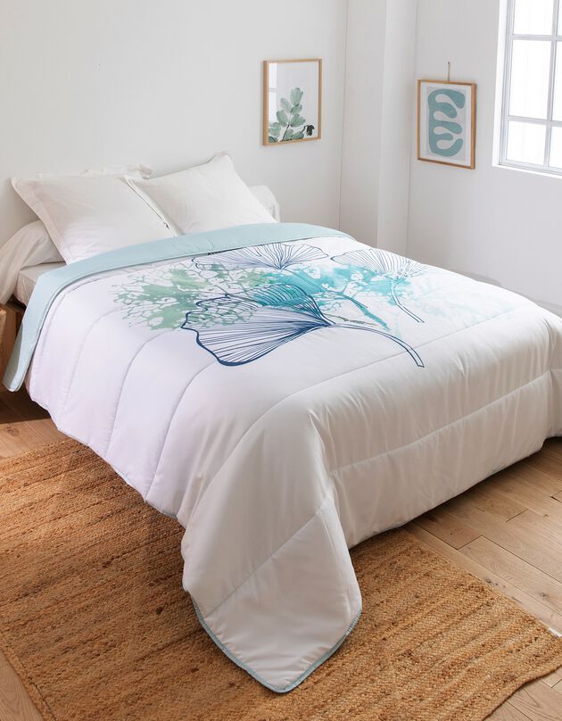 Couette coton imprimé Ginkgo 400g/m2 (blanc / vert)
