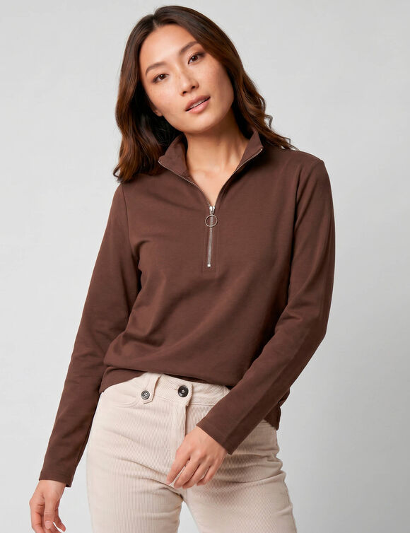Effen T-shirt met hoge kraag en ritssluiting, lange mouwen (chocolade)