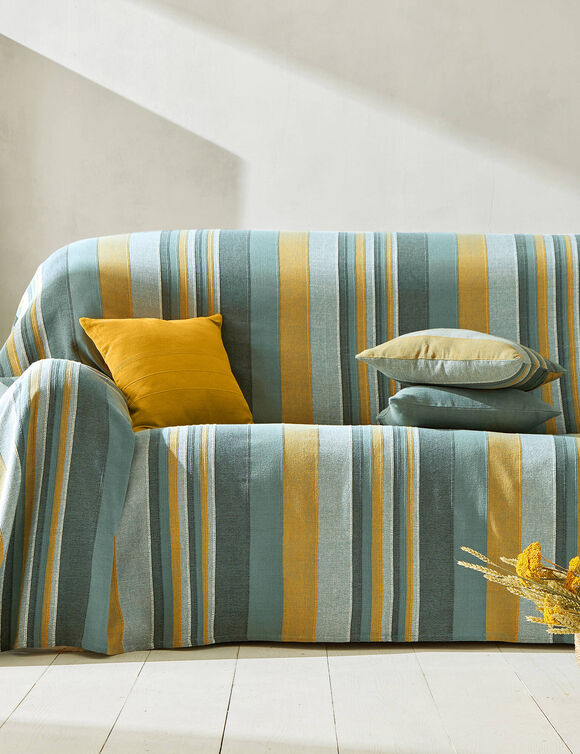 Plaid jeté multicolore coton tissage artisanal (vert grisé)