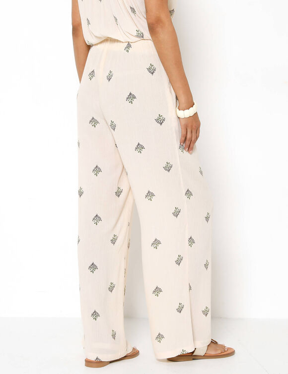 Pantalon large taille &eacute;lastiqu&eacute;e imprim&eacute; minimaliste, cr&eacute;pon fluide (&eacute;cru / vert)