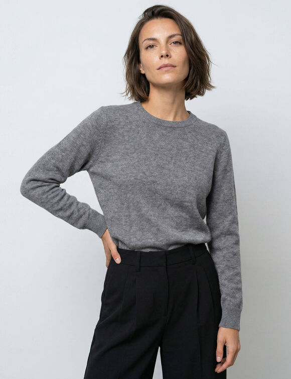 Pull col rond, laine d'agneau (gris chin&eacute;)