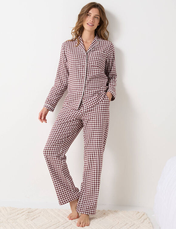 Pyjama pantalon boutonn&eacute; manches longues, en flanelle motif vichy tiss&eacute; teint (chocolat / &eacute;cru)
