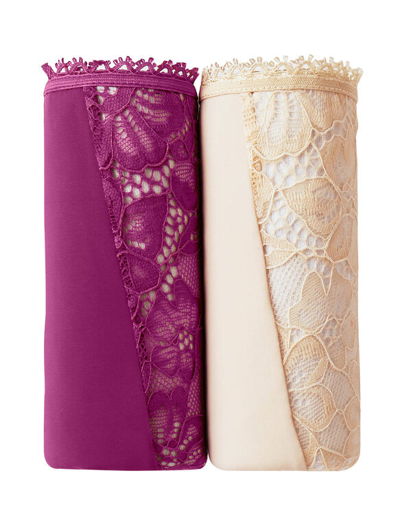Culotte microfibre et dentelle stretch forme tanga taille haute - lot de 2 (prune + nude)