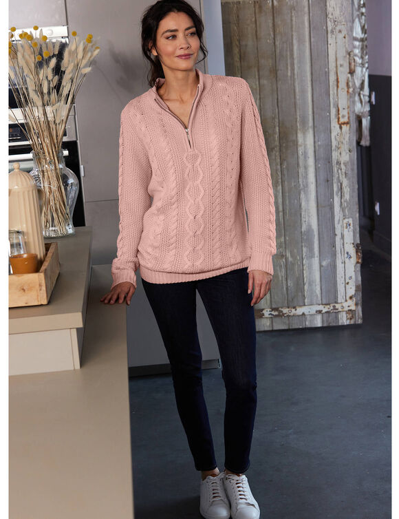 Pull col montant zippé, maille torsadée (rose poudré)
