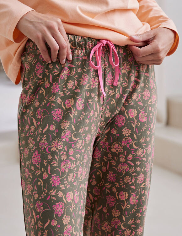 Pantalon pyjama imprimé fleuri  "Bohème" (kaki / rose)