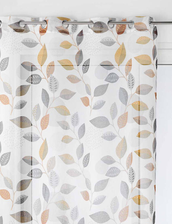 Voilage imprim&eacute; petites feuilles, finition &oelig;illets (gris / orange)