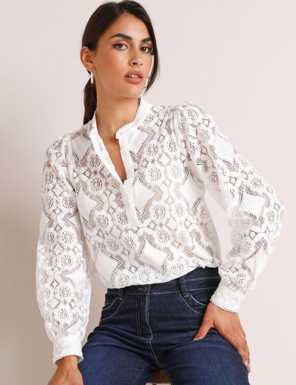 Blouse boutonnée unie dentelle graphique (écru)
