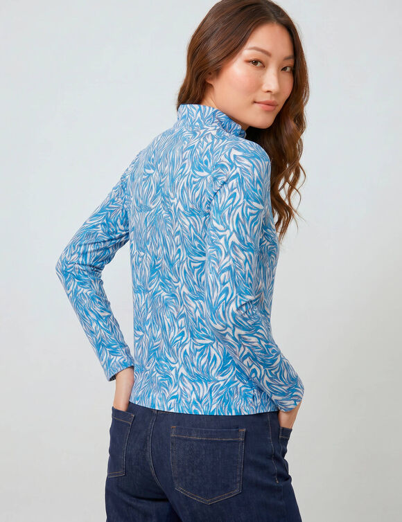 T-shirt col montant zipp&eacute;, manches longues, imprim&eacute; z&eacute;br&eacute; (bleu canard)