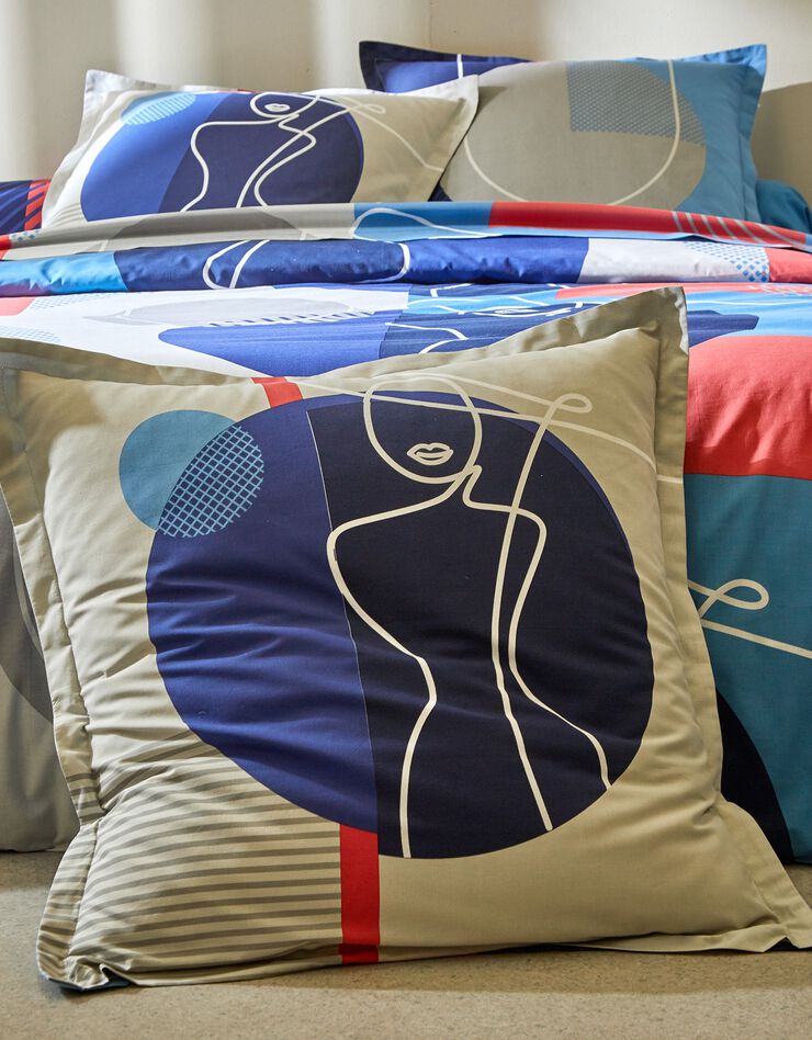 Linge de lit Arty coton à motifs visages (bleu)