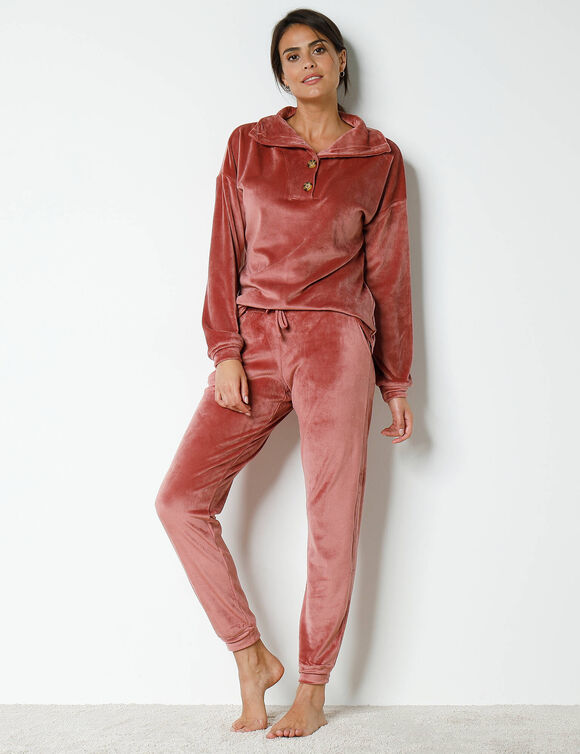 Pyjama velours stretch manches longues col boutonné (bois de rose)