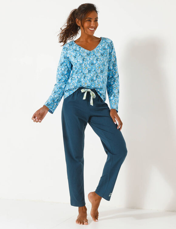 Haut de pyjama manches longues imprim&eacute; fleuri (bleu / &eacute;cru)