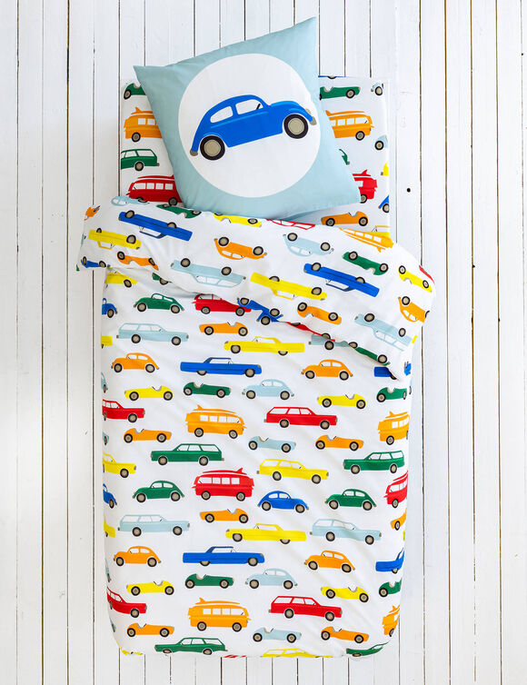 Linge de lit enfant Vroum coton - Imprimé voitures (blanc)