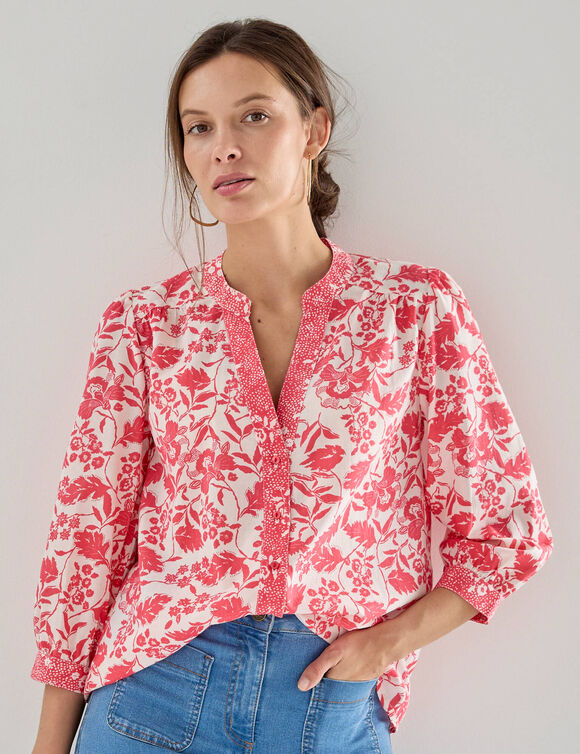 Chemisier col tunisien manches 3/4, imprim&eacute; bicolore (&eacute;cru / framboise)
