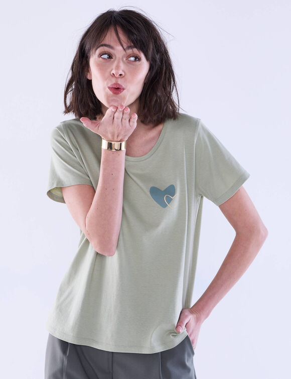 T-shirt manches courtes, imprimé placé coeurs dorés (vert tilleul)