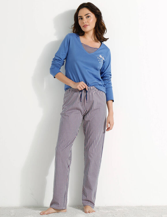 T-shirt pyjama manches longues motif floral imprimé  (bleu jean)