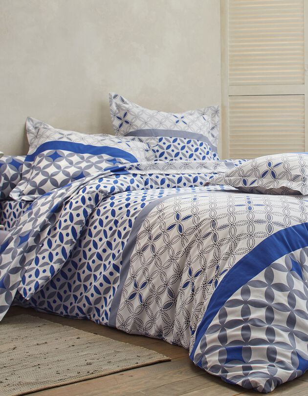 Linge de lit Marlow en coton à motifs géométriques (gris / bleu)