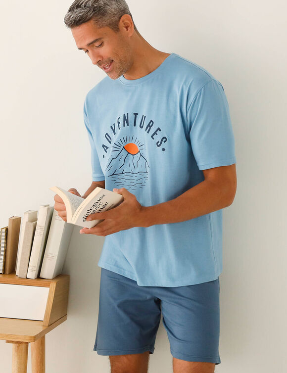 T-shirt pyjama imprimé placé manches courtes coton  (bleu)