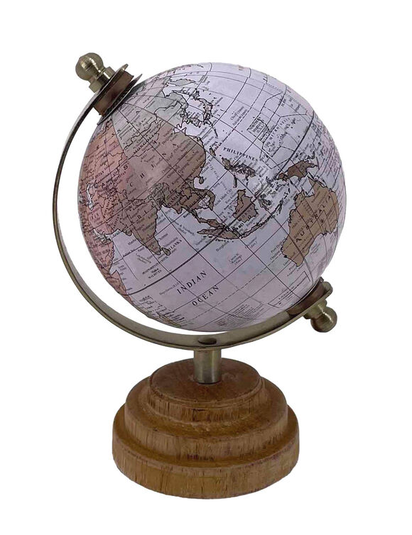 Wereldbol in klein model, hout en metaal (veelkleurig)