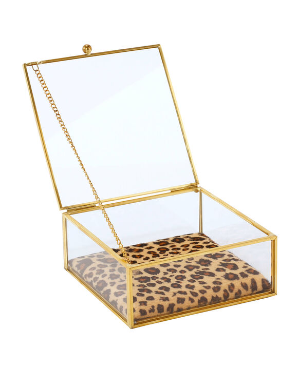 Juwelendoos in glas en metaal, kussentje met luipaardmotief (goudkleurig)