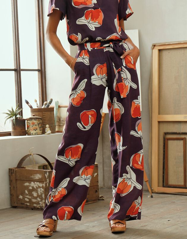 Pantalon fluide imprimé, collection "Odette Lepeltier" (prune / terracotta)