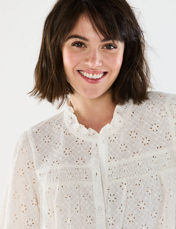 Chemisier broderie anglaise, smocks et col volanté (écru)
