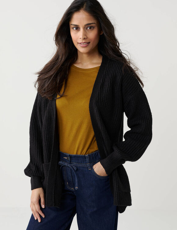 Gilet long ouvert, maille anglaise (noir)