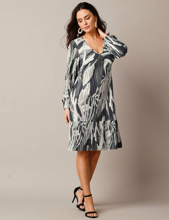 Robe courte imprimé fleuri, maille plissée (blanc / noir)