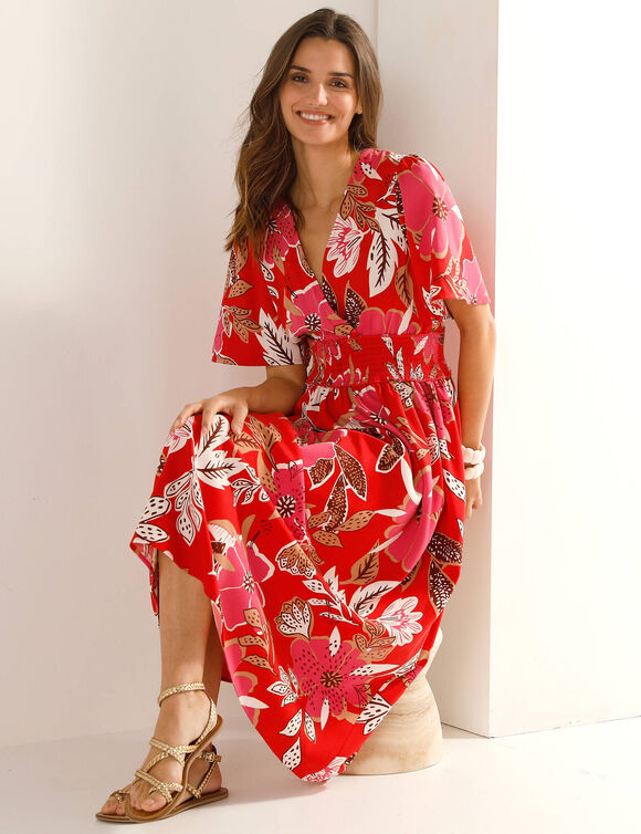 Robe longue d&eacute;collet&eacute; cache-coeur, cr&ecirc;pe imprim&eacute; (rood)