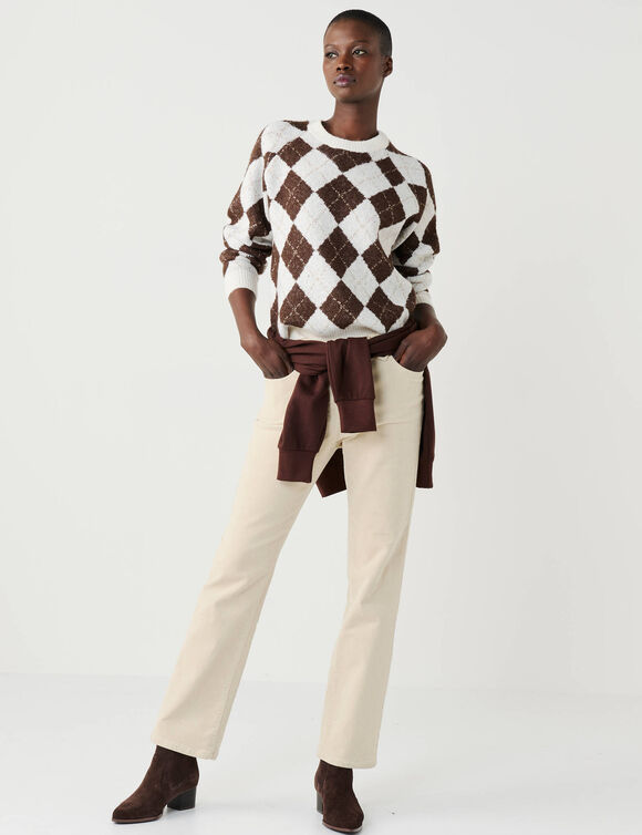 Pull col rond, jacquard motif losanges (beige / chocolat)