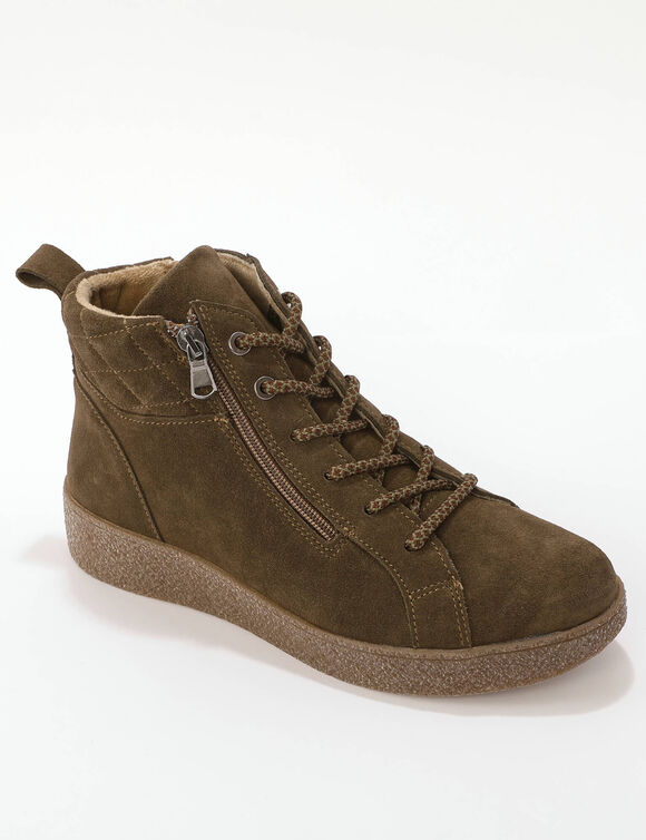 Hoge sneakers met veters en rits, met een extra brede breedte (kaki)