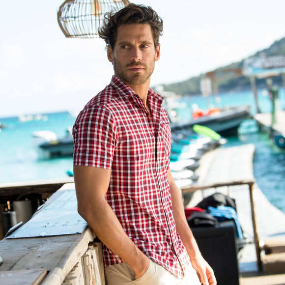 Geruite blouse met korte mouwen van polykatoen (bordeaux)