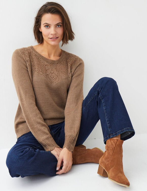 Pull col rond maille ajour&eacute;e, toucher doux (taupe)