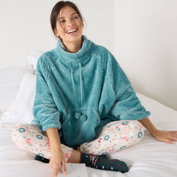 Poncho maille polaire textur&eacute;e, col montant (bleu gris&eacute;)