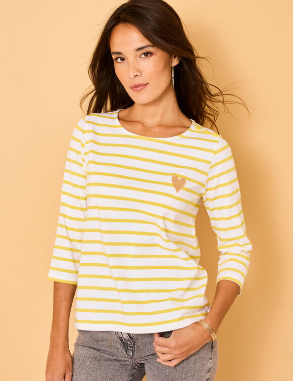 T-shirt marinière broderie coeur doré en coton biologique(**) (blanc / anis)
