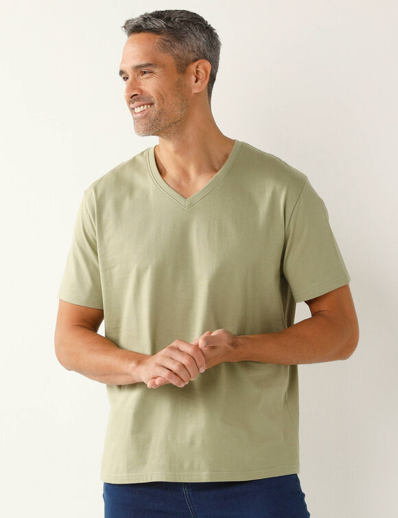 T-shirt met V-hals en korte mouwen - set van 3 (koraal + saliegroen + kaki)