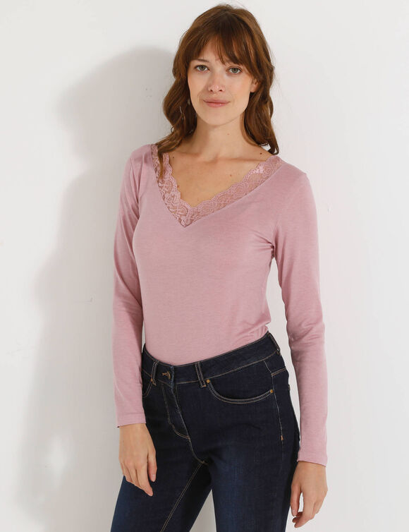 T-shirt chaleur manches longues en laine mélangée (rose grisé)