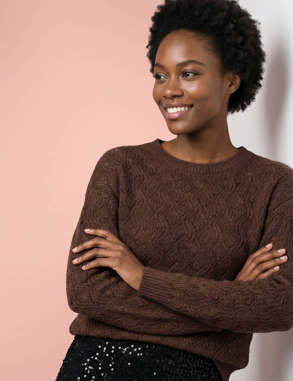Pull maille anglaise fantaisie, toucher doux (chocolat)