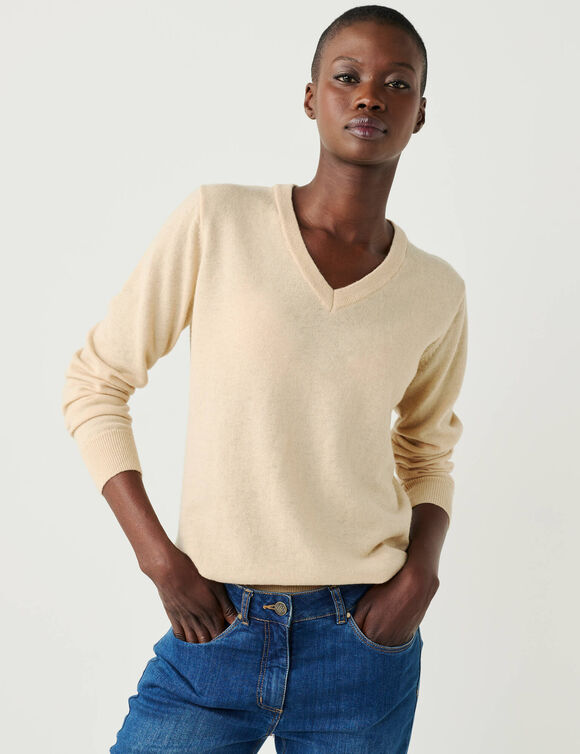 Pull col V, laine d'agneau (beige)