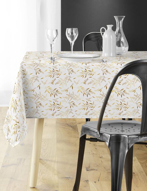 Tafellaken met metallic natuurlijk motief (wit / goudkleurig)