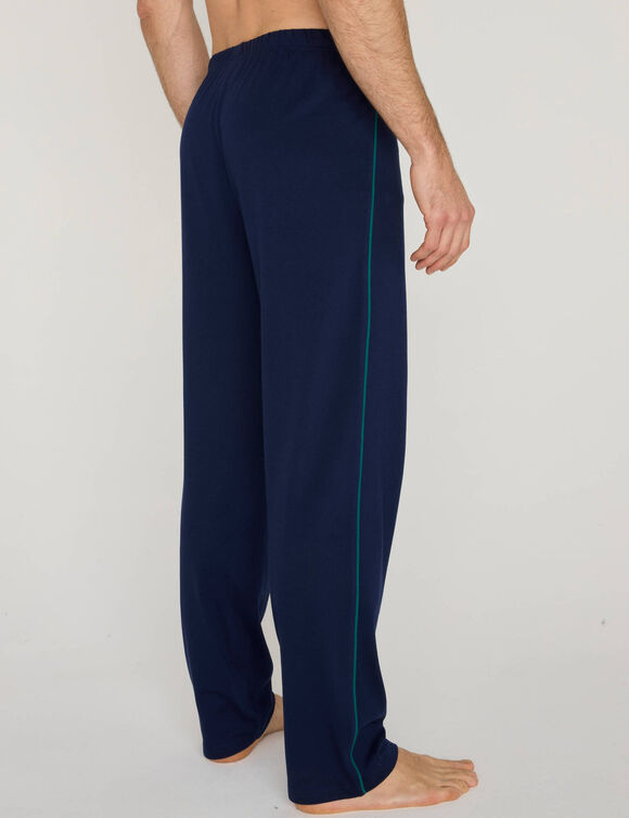 Pantalon pyjama uni coton piping contrast&eacute; (marine / vert)