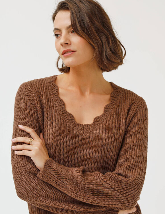 Pull col V, maille anglaise (taupe)