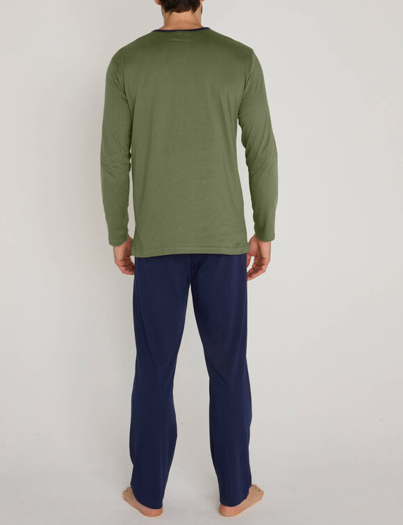 Pyjama pantalon jersey coton manches longues (kaki / marine)