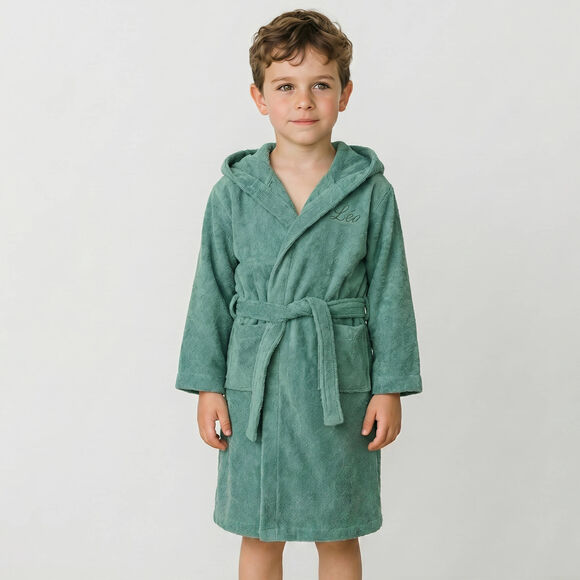 Gepersonaliseerde badjas met capuchon voor kinderen - lusjesbadstof 340 g/m&sup2; (eucalyptus)