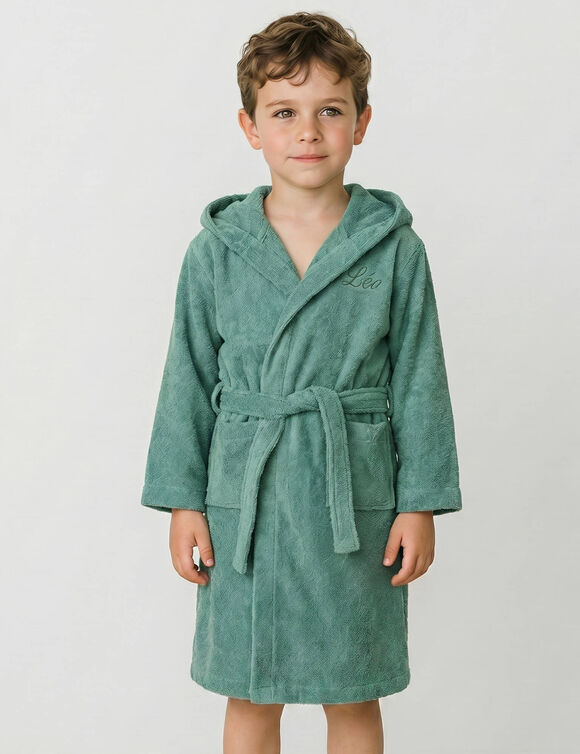 Gepersonaliseerde badjas met capuchon voor kinderen - lusjesbadstof 340 g/m&sup2; (eucalyptus)