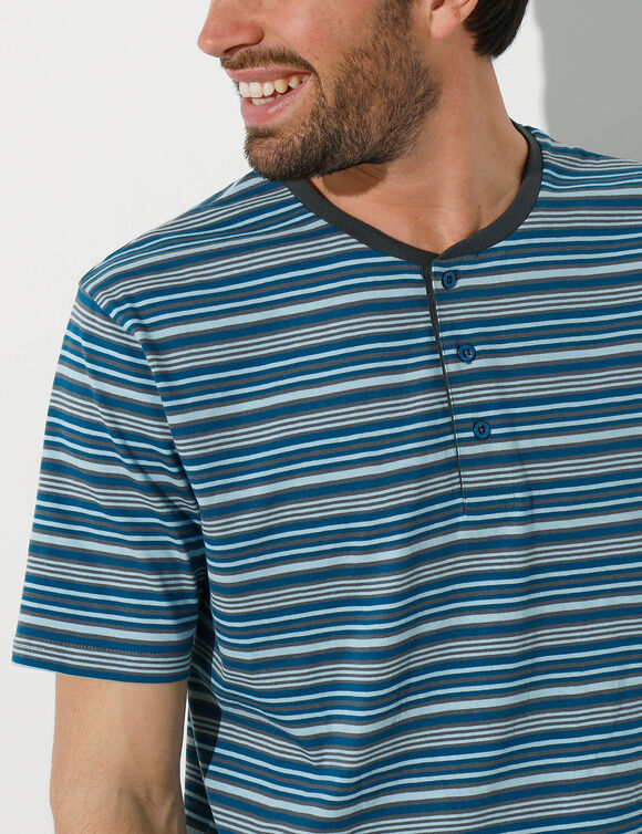 Gestreepte pyjamashort met tunische kraag (antraciet / eendenblauw)