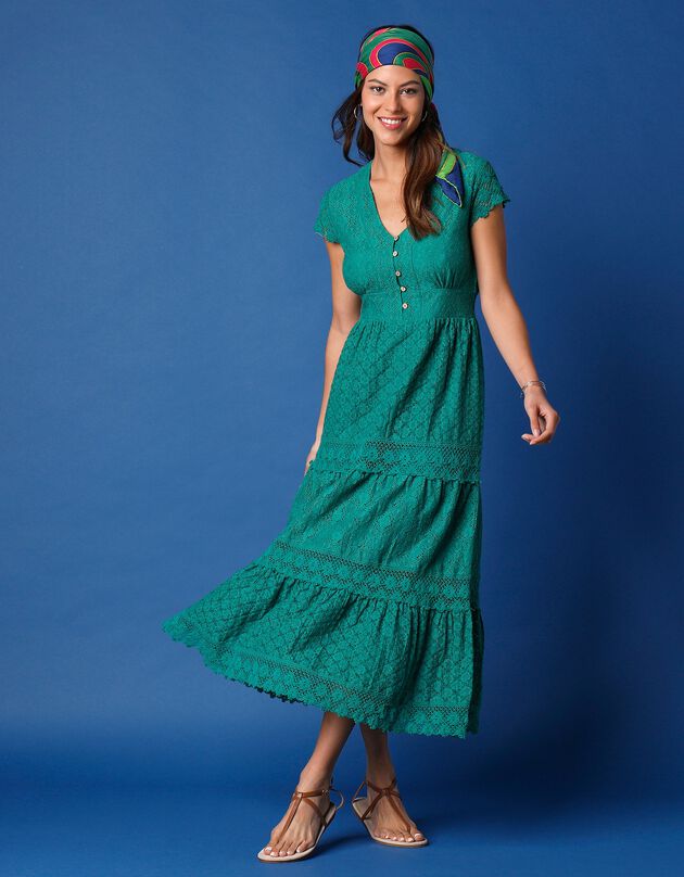Lange jurk met V-hals, kant en macramé (groen)
